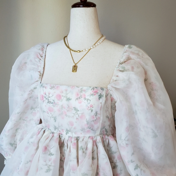 Reversible Floral Organza Babydoll Puff Dress - Picture 10 of 16